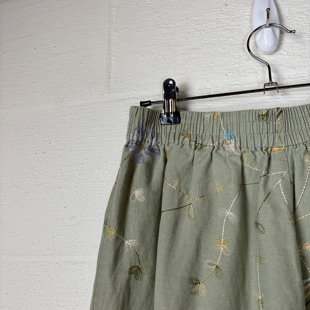 Vintage Pull On Linen Floral Embroidered Wide Leg Cropped Pant Size M Green - Picture 8 of 15
